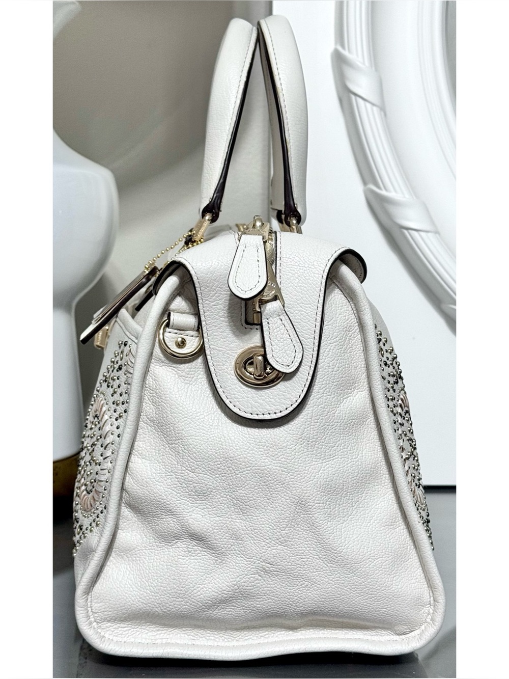 COACH Rhyder Satchel 34756 Chalk Pebble Leather Mini Rivets Crossbody - Picture 4 of 10